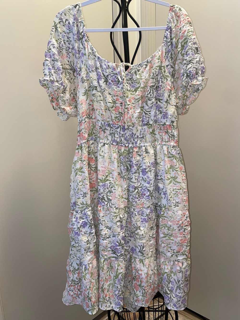 Liberty Love White Floral Puff-Sleeve Tiered Dress with Pastel Pink & Lavender